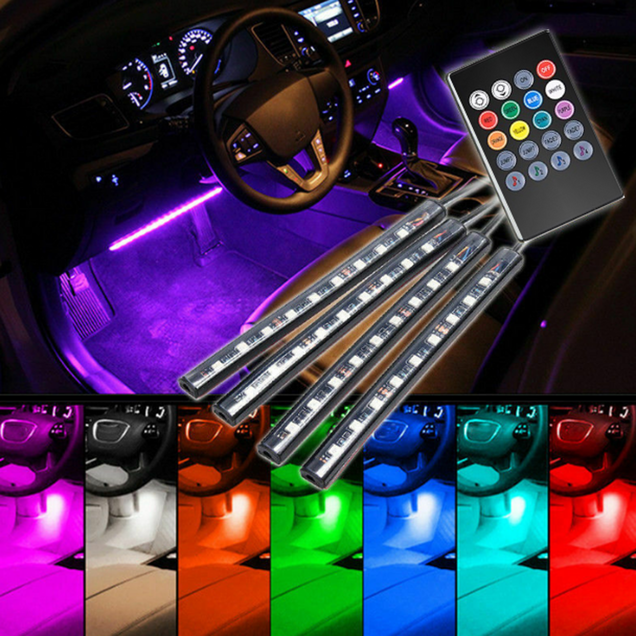 Atmosphere Car Led Strip Lights Kit, Music Interactive With Remote Control