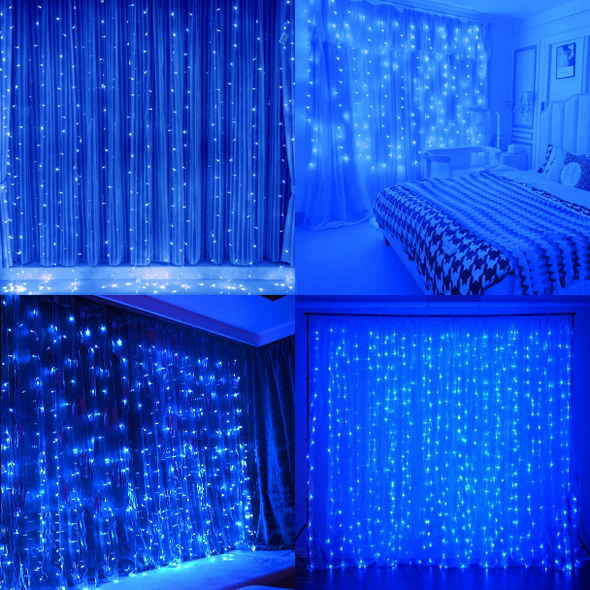 6x3 Mètres Rideaux lumineux à Lumière LED, Couleur Bleu avec effet cascade/neige Imperméable