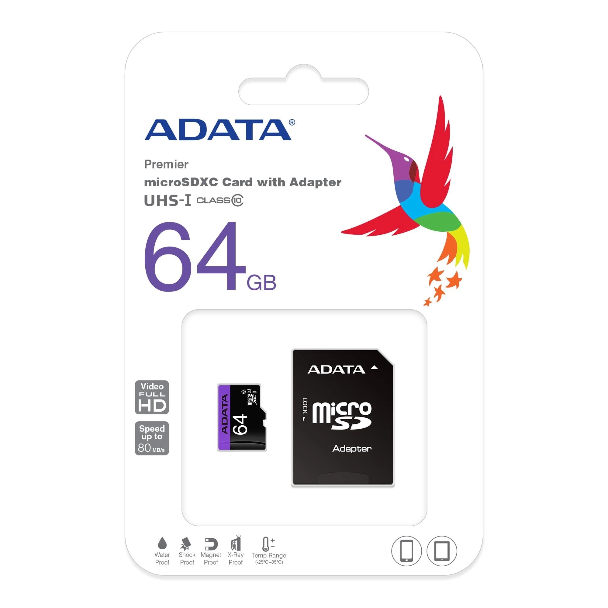 Carte mémoire microSD 64 GB  80 Mo/s ADATA  Avec Adaptateur