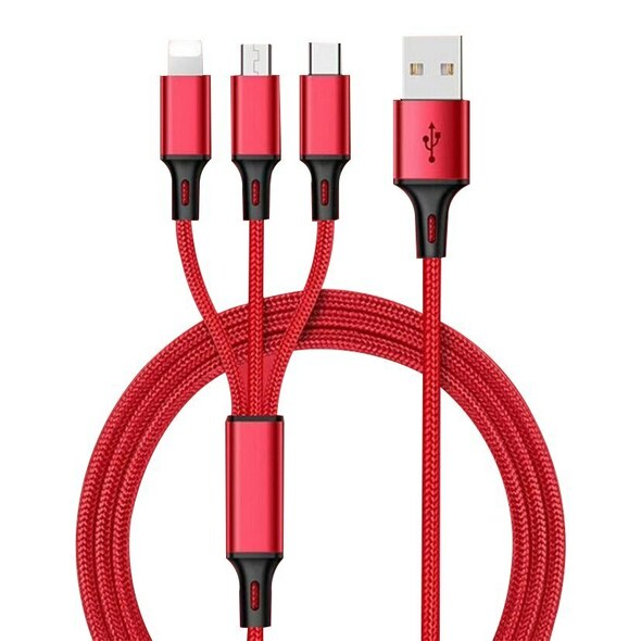 Multi fast charging cable with 3in1 connectors, Lighting / Micro / Type C  4 Feet Red Color