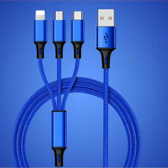 Multi fast charging cable with 3in1 connectors, Lighting / Micro / Type C Blue Color