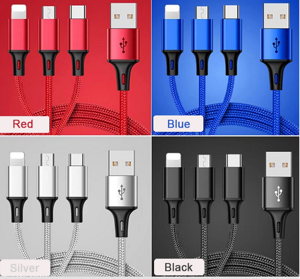 Câble de Charge 3 en1 Lightning/ Micro-USB / Type-C  4 Pied Noir