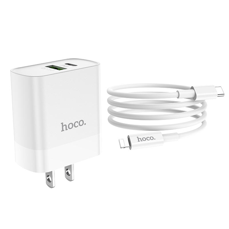 Hoco C80 2 Ports Fast Wall Charger (USB + Type-C) 20W + Type-C Cable- White